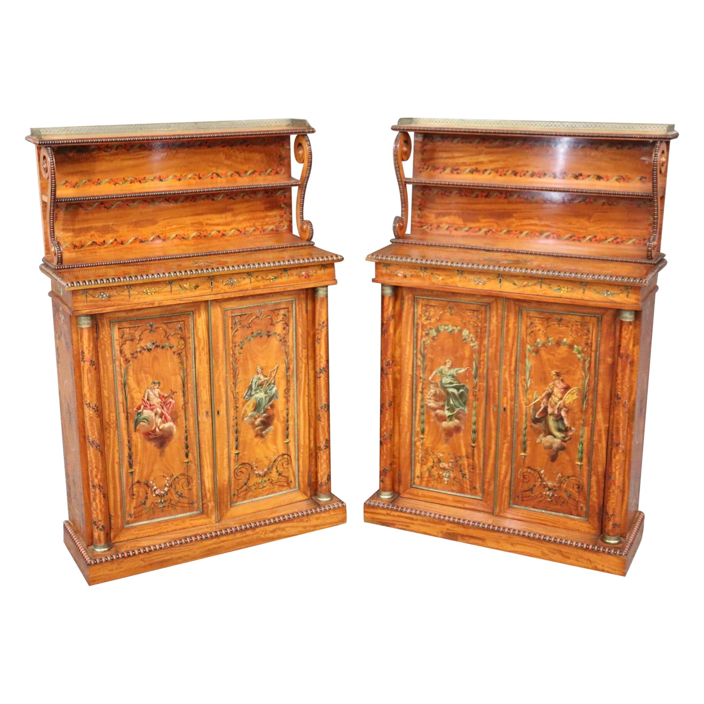 Pair of Exceptional Adams Paint Decorated Satinwood English Side Cabinets