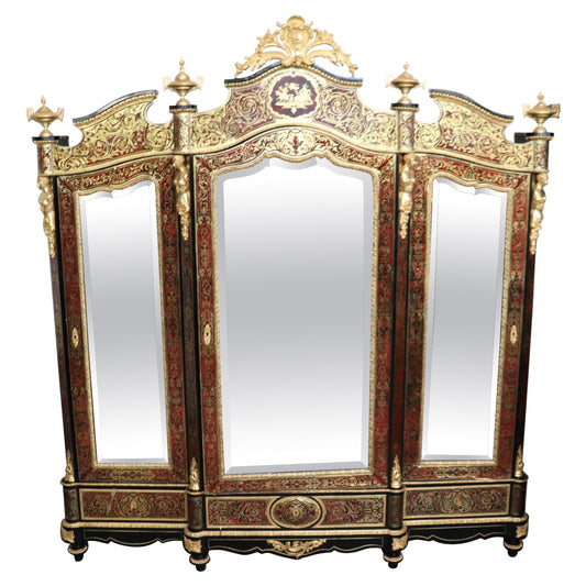 Monumental Brass Inlaid boulle Style Dor'e Figural Bronze Mirrored Armoire