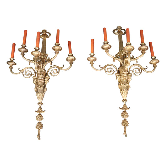 Very Large Pair French Louis XV 5 Light Electrified Bronze Figural Sconces