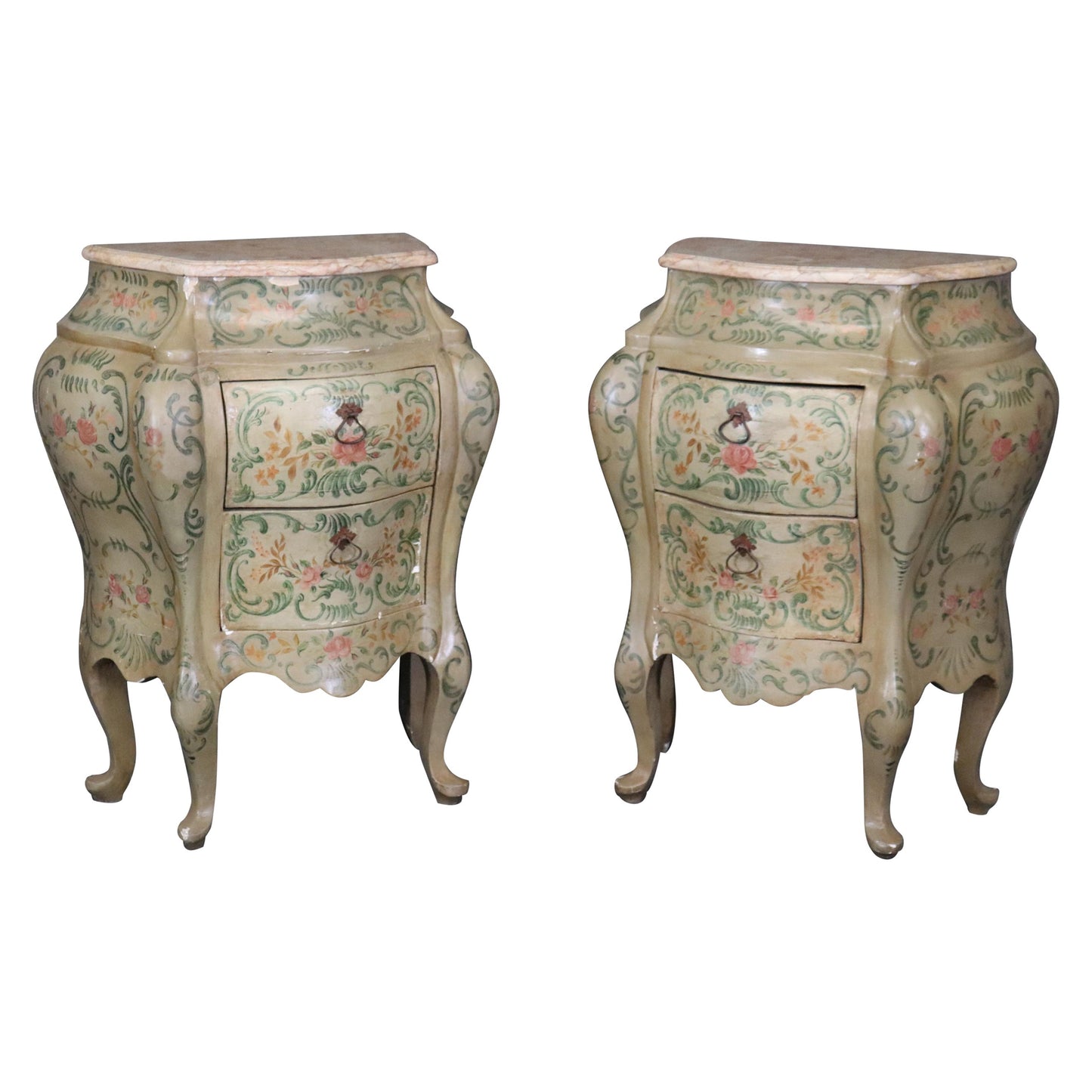 Rare Pair 18th Century Venetian Paint Decorated Marble Top Commodes Nightstands