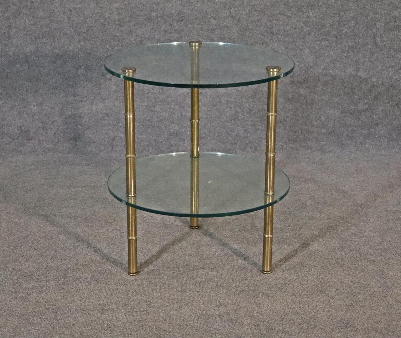 Single Brass Faux Bamboo Bagues Style Two Tier Glass End Table