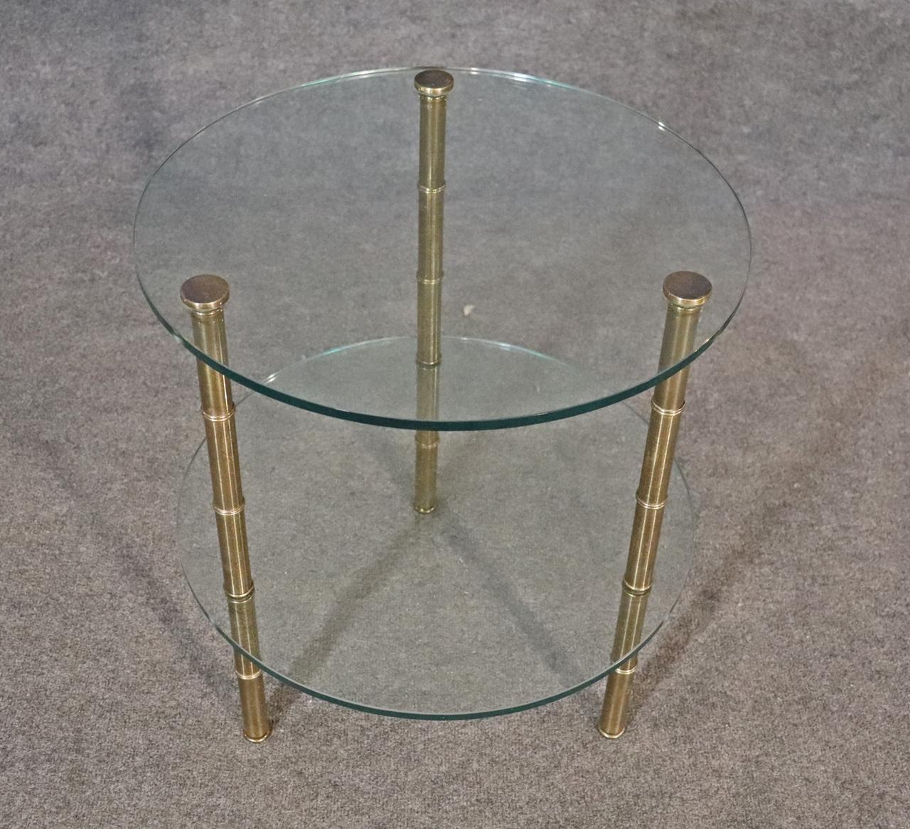 Single Brass Faux Bamboo Bagues Style Two Tier Glass End Table