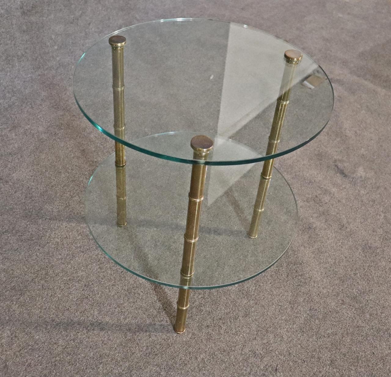 Single Brass Faux Bamboo Bagues Style Two Tier Glass End Table