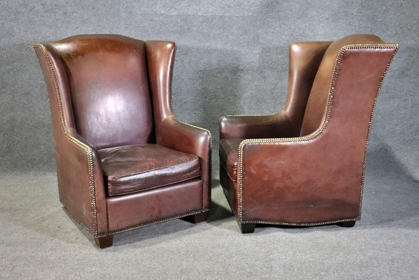 Pair Faux Alligator Printed Leather Tall Back Art Deco Style Wingchairs