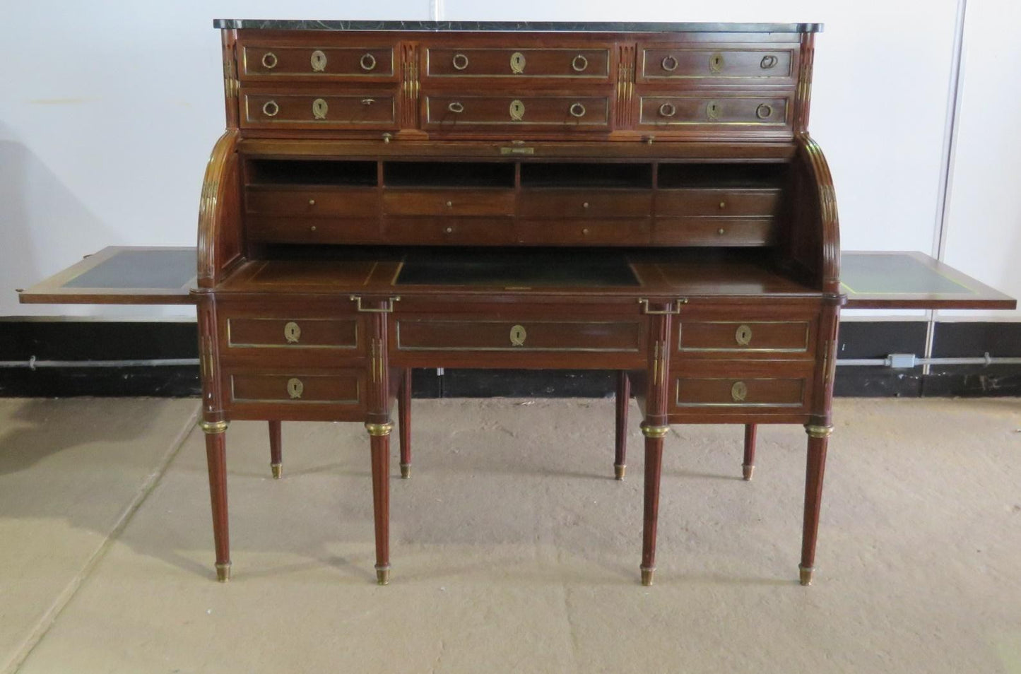 Large Maison Jansen Directoire Mahogany and Bronze Ormolu Cylinder Desk