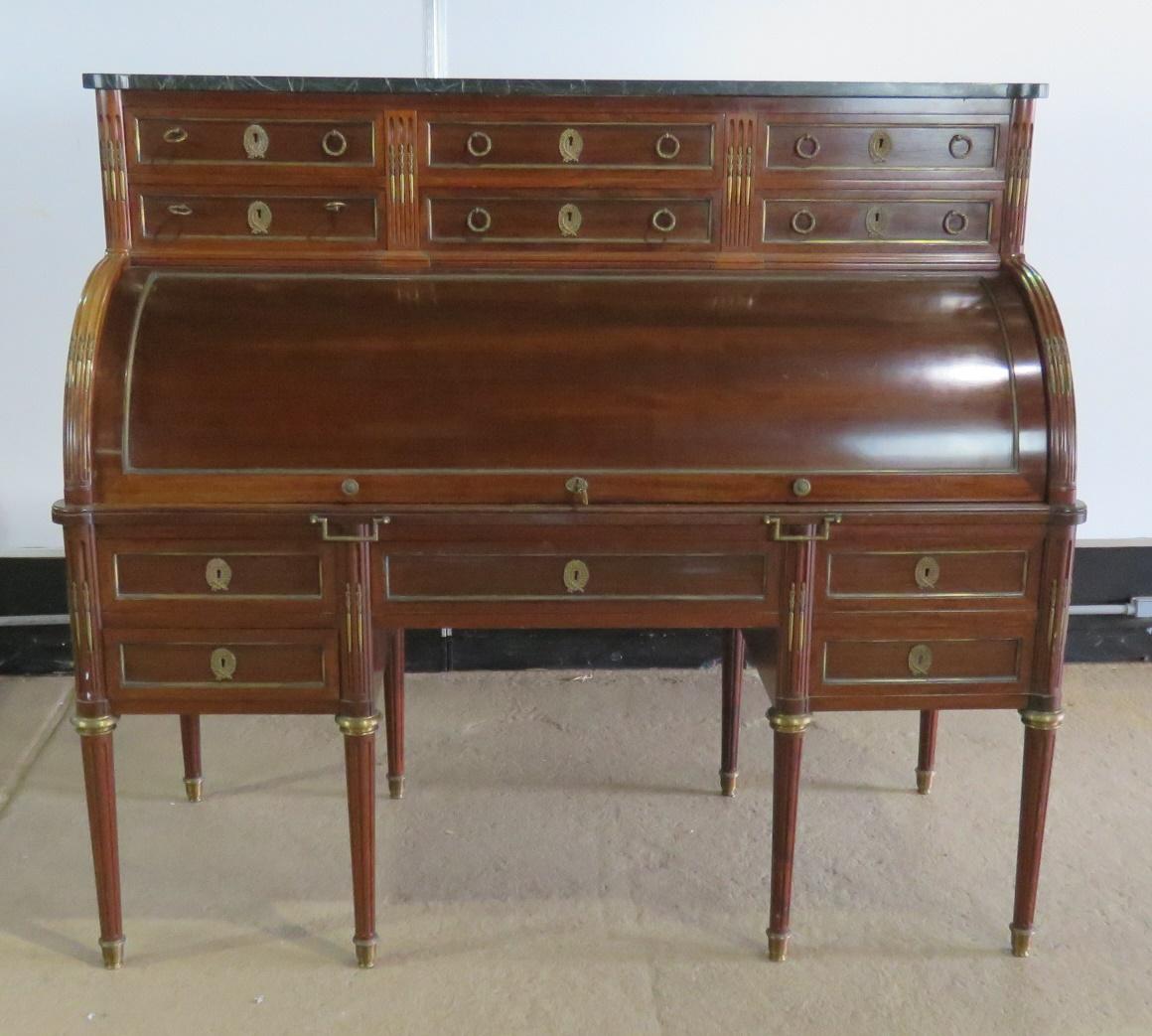 Large Maison Jansen Directoire Mahogany and Bronze Ormolu Cylinder Desk