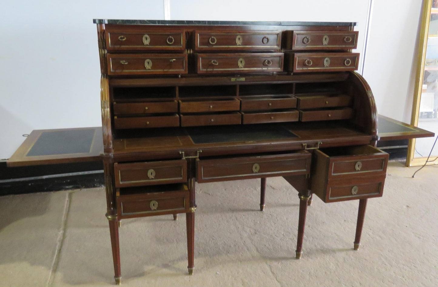 Large Maison Jansen Directoire Mahogany and Bronze Ormolu Cylinder Desk