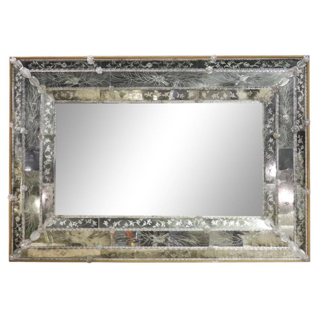 Large Fine Quality Antique Venetian Etched Glass Murano Wall Mirror