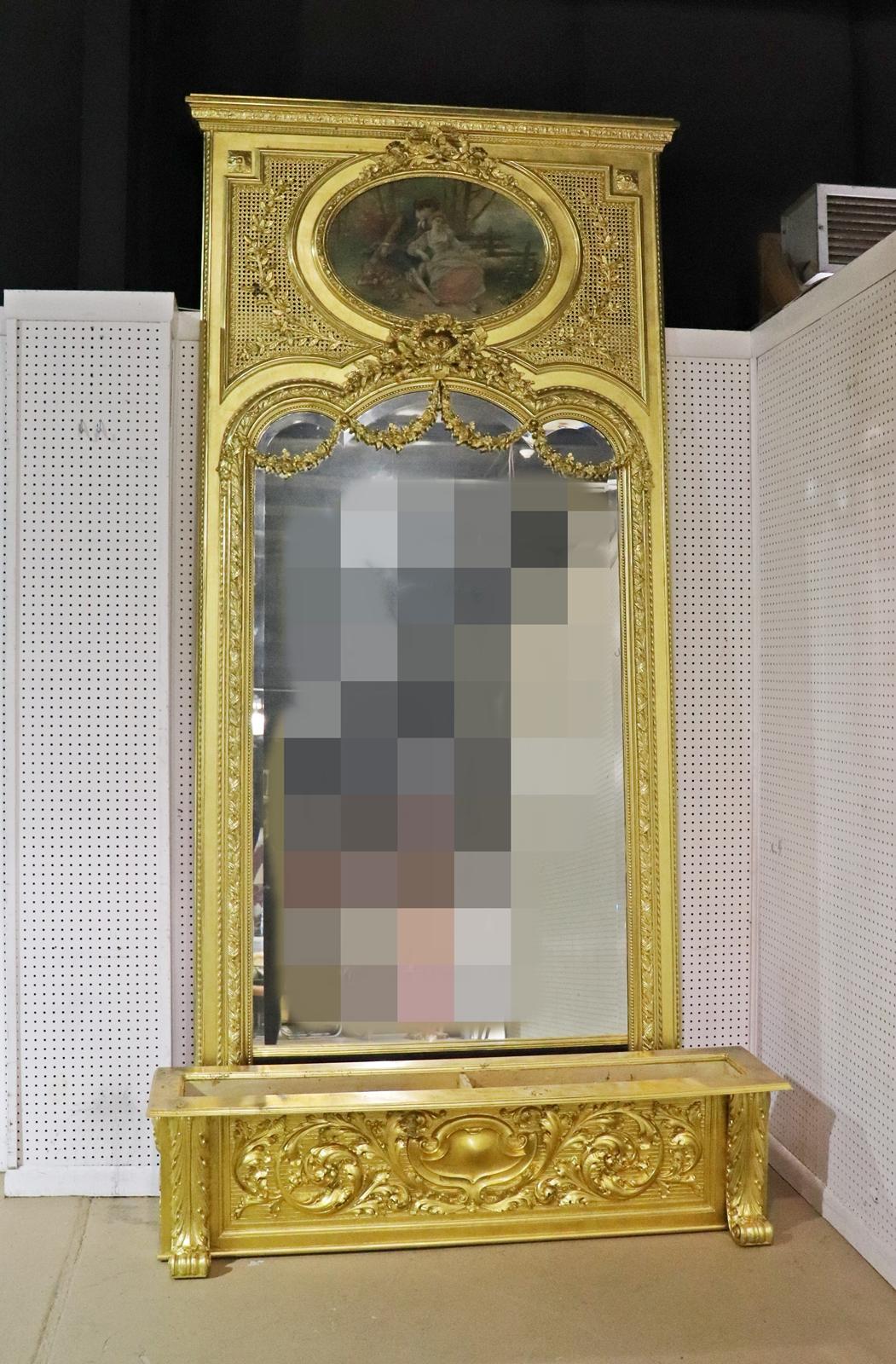 Monumental Gilded French Louis XV Trumeau Mirror with Planter Base Circa 1890