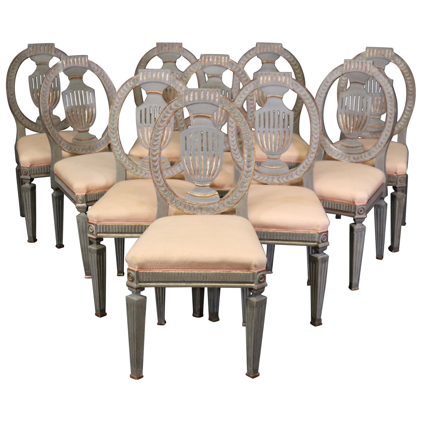 Set 10 Genuine Swedish Gustavian Gilded Gray Paint Decorated Dining Chairs