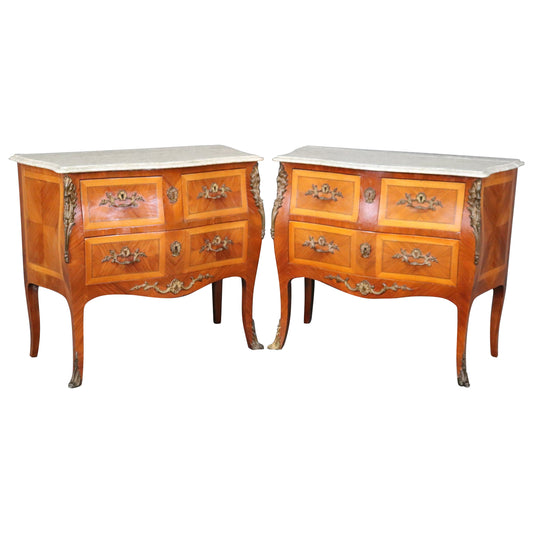 Pair of Kingwood and satinwood Marble Top French Louis XV Commodes