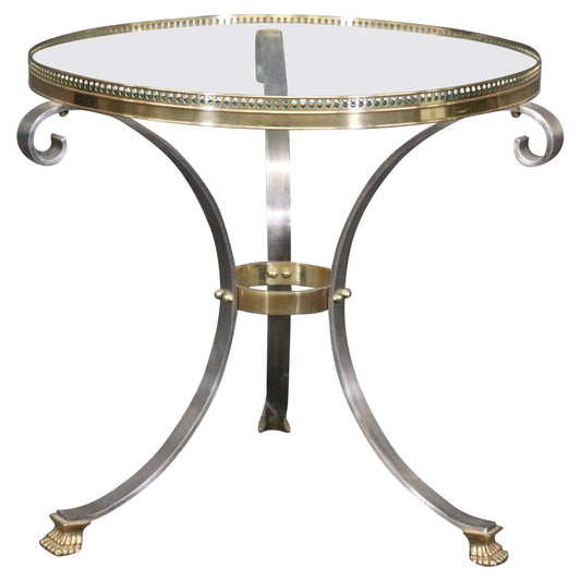 Single Brass and Steel Glass Top Guerdion or End Table Maison Jansen Style