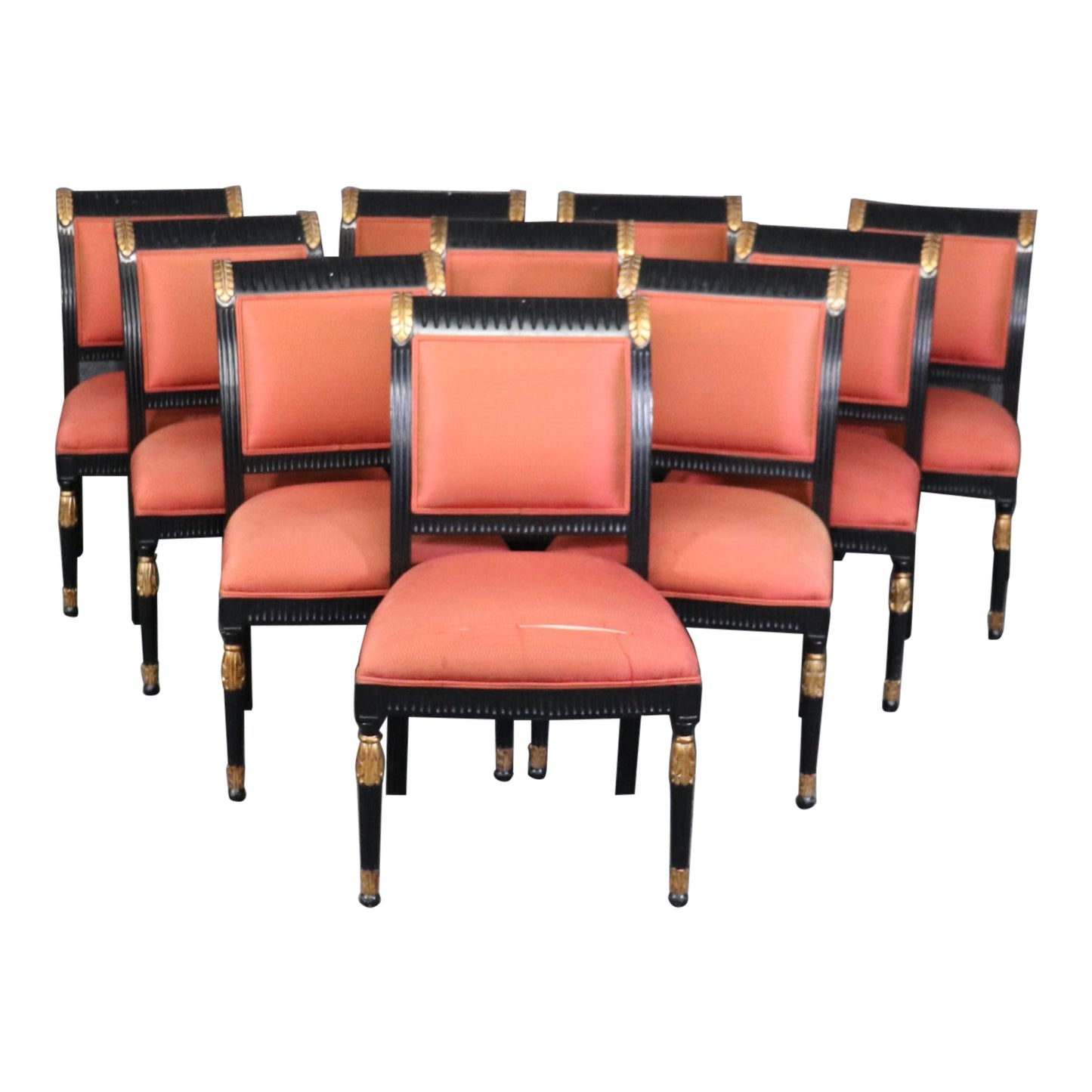 Set of 10 Ebonized Lacquered and Gilded French Directoire Dining Chairs