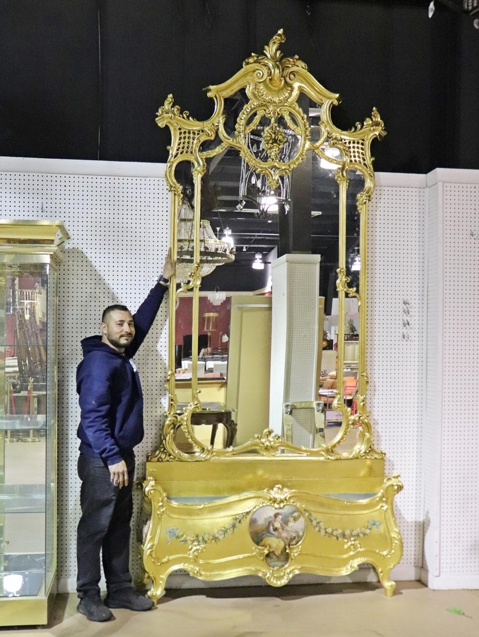 Palatial French Louis XV Gilded Tall Pier Mirror with Umbrella Holder circa 1890