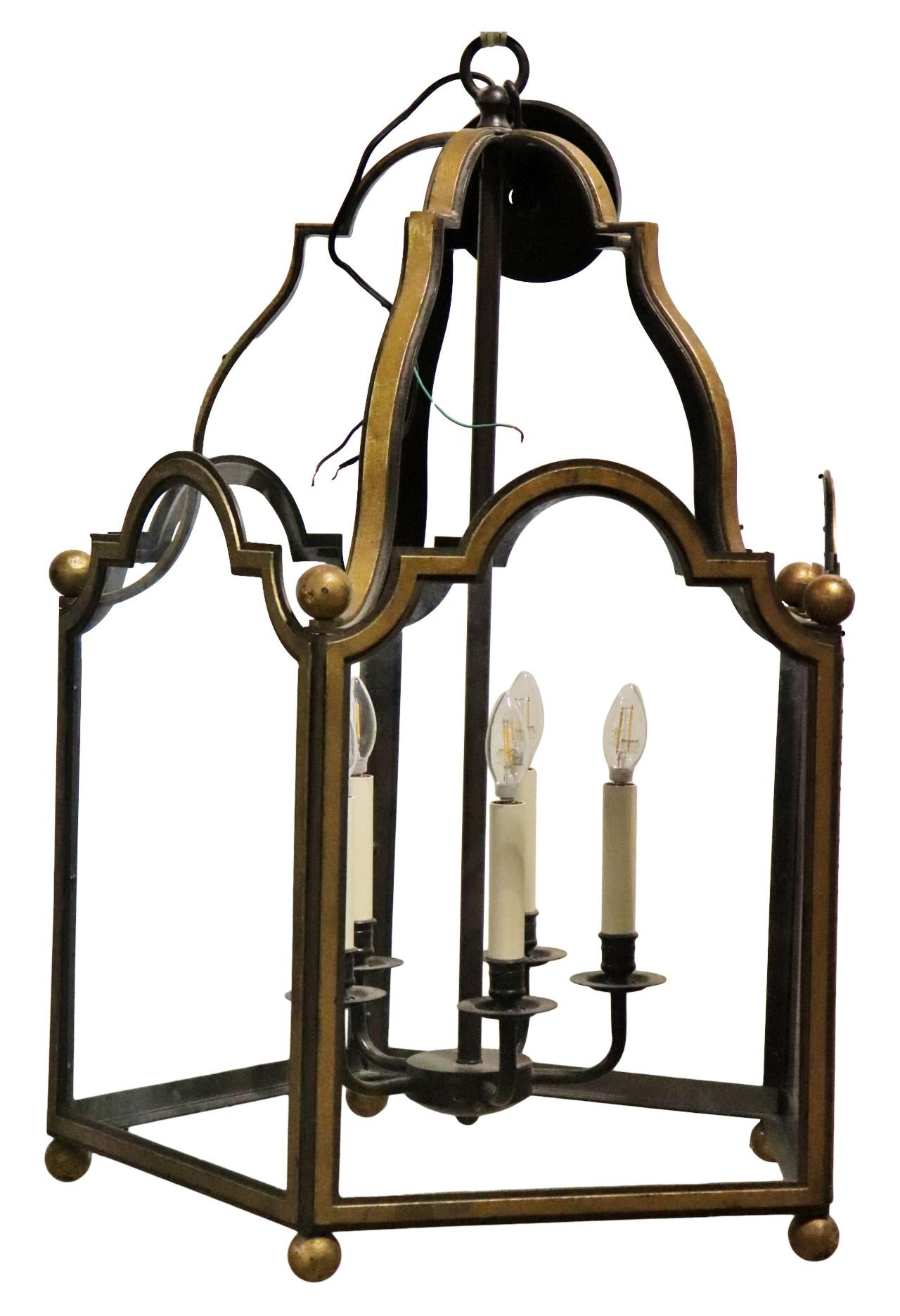 Gorgeous Large Gilded Wrought Iron 5 Sided Glazed 5 Light Chandelier Lantern