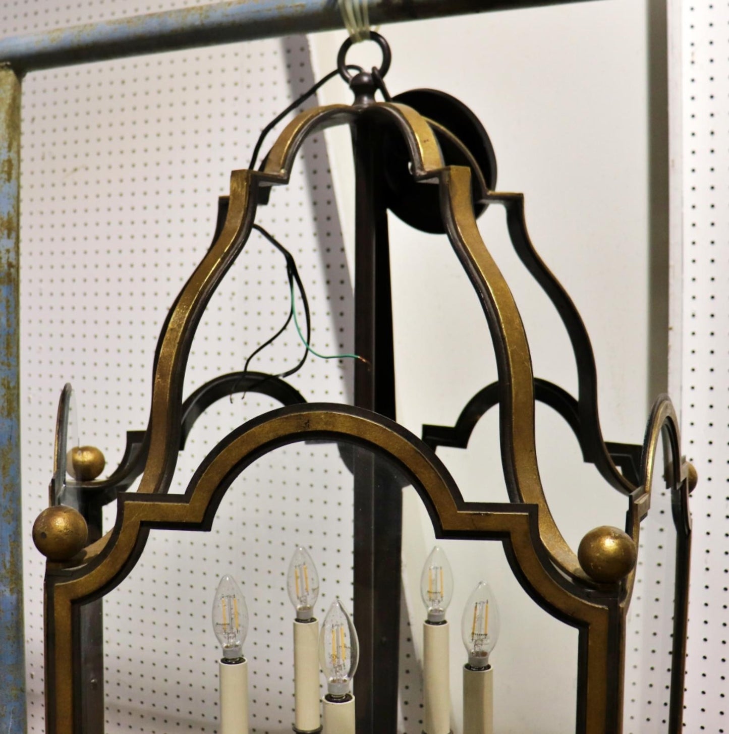 Gorgeous Large Gilded Wrought Iron 5 Sided Glazed 5 Light Chandelier Lantern