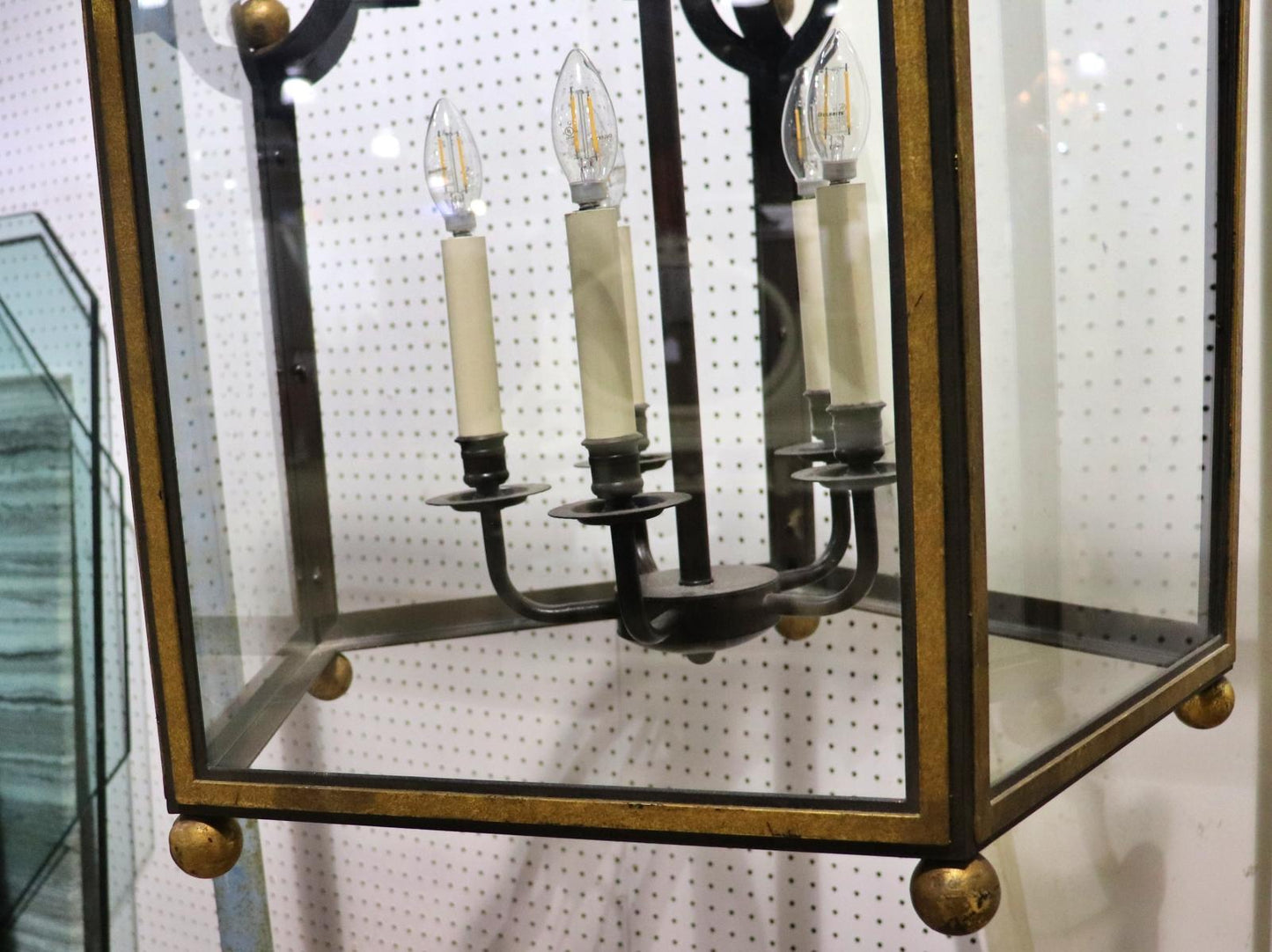 Gorgeous Large Gilded Wrought Iron 5 Sided Glazed 5 Light Chandelier Lantern