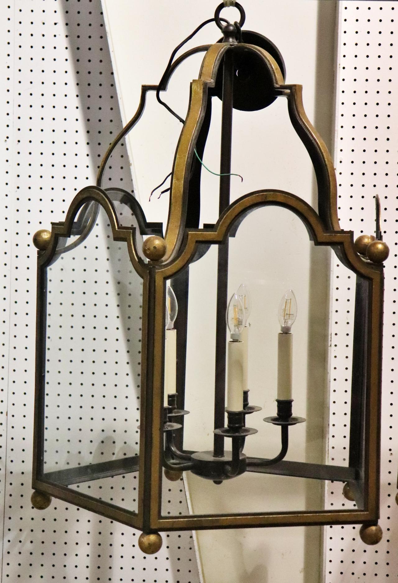 Gorgeous Large Gilded Wrought Iron 5 Sided Glazed 5 Light Chandelier Lantern