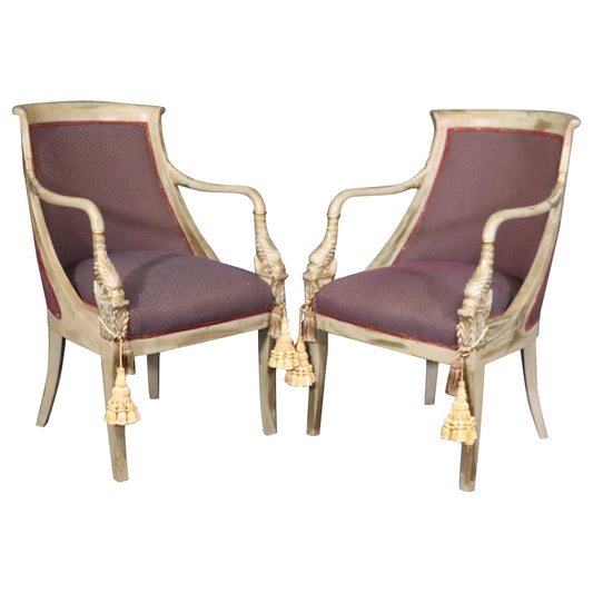 Pair of Paint Decorated and Gilded Dolphin Head Neoclassical Bergere Chairs