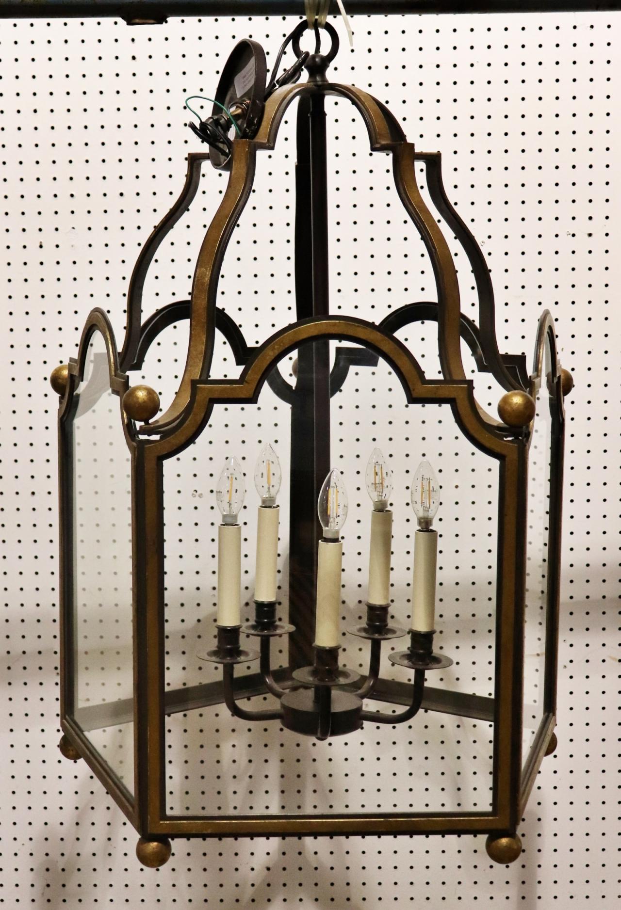 Unique 5 light 5 panel Glazed French Wrought Iron Large Lantern Chandelier