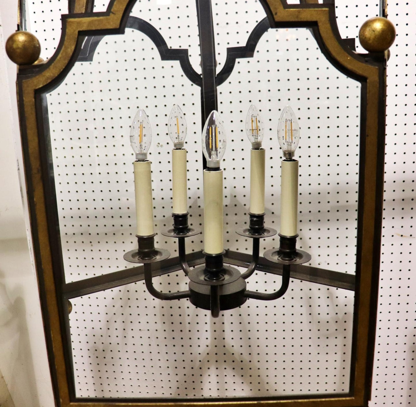 Unique 5 light 5 panel Glazed French Wrought Iron Large Lantern Chandelier