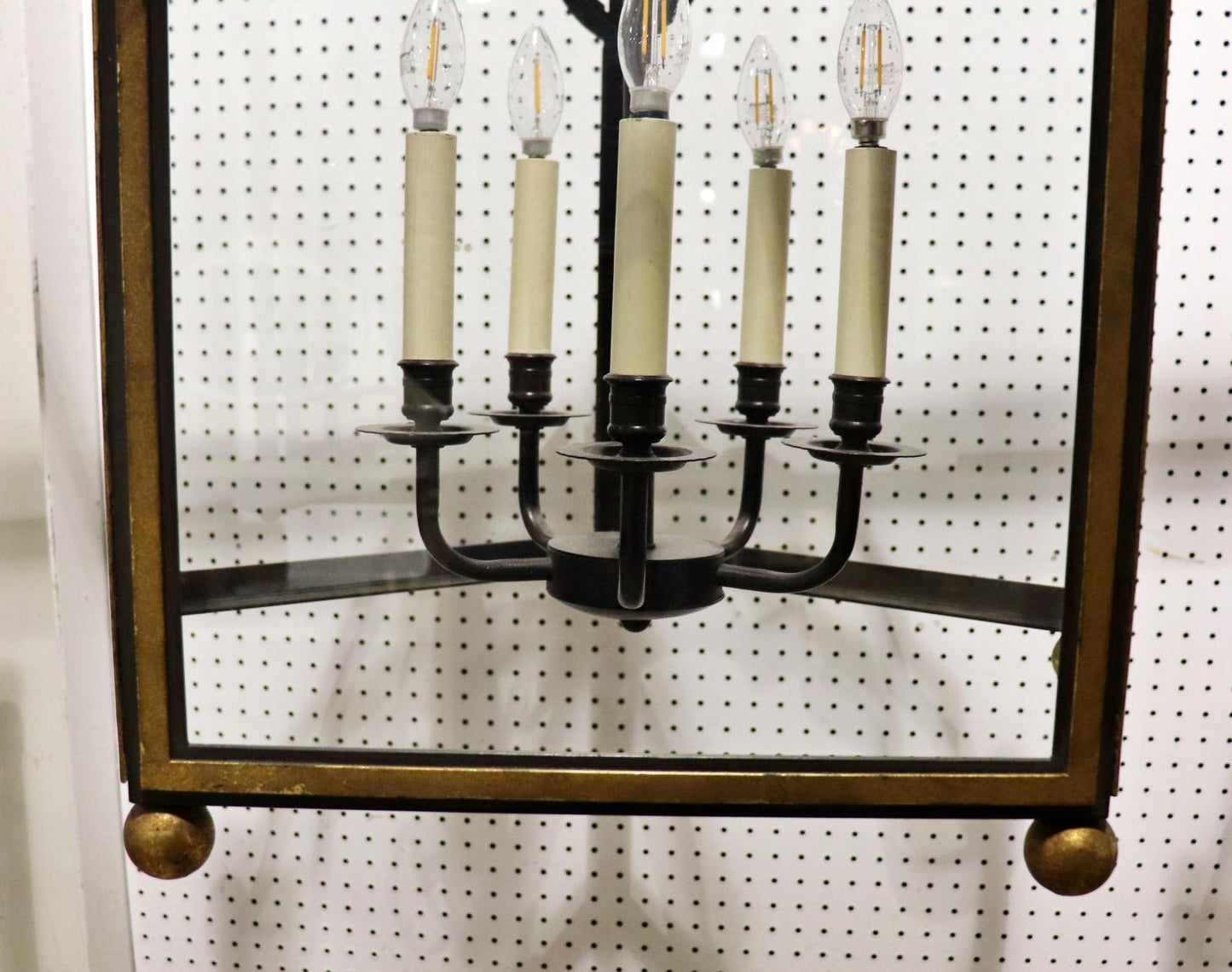 Unique 5 light 5 panel Glazed French Wrought Iron Large Lantern Chandelier