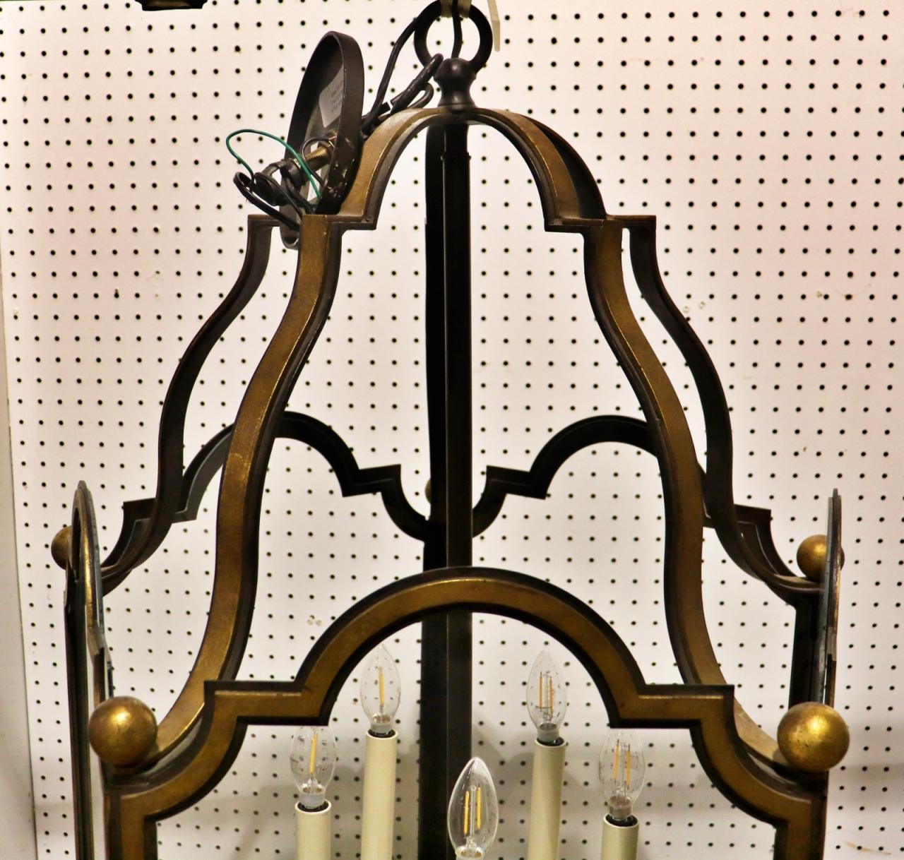 Unique 5 light 5 panel Glazed French Wrought Iron Large Lantern Chandelier