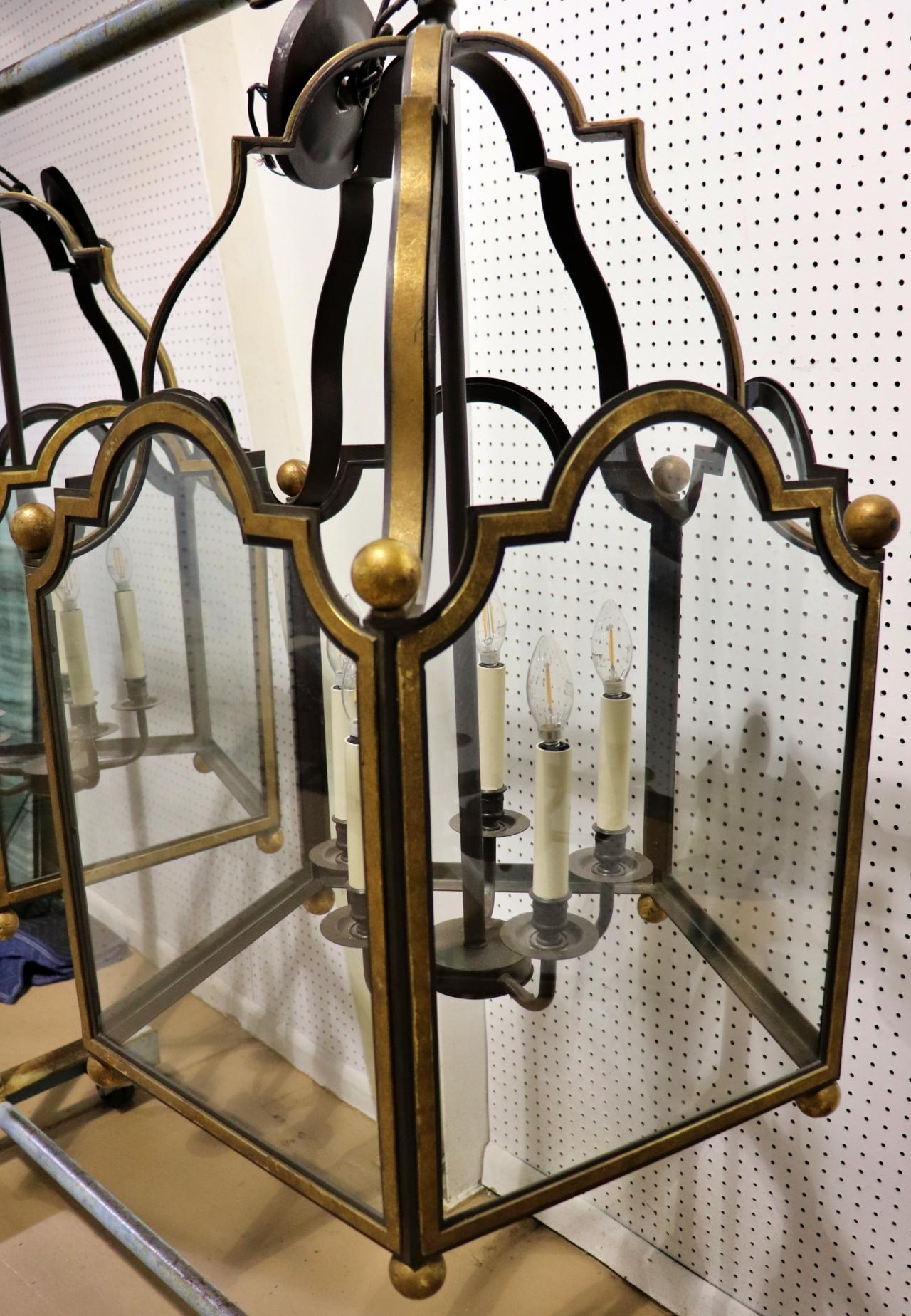 Unique 5 light 5 panel Glazed French Wrought Iron Large Lantern Chandelier