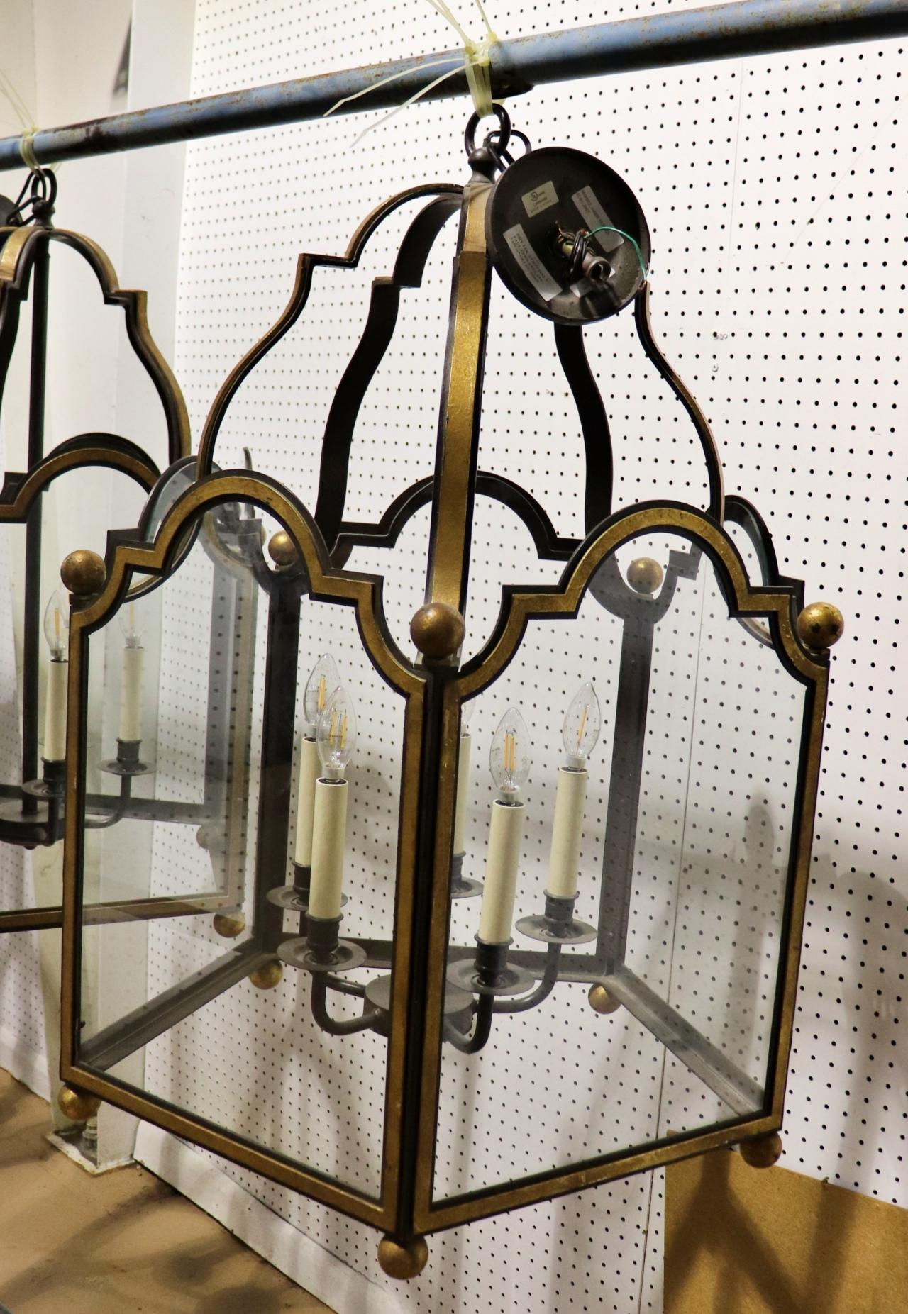 Gorgeous 5 light 5 panel Glazed Wrought Iron Lantern Chandelier