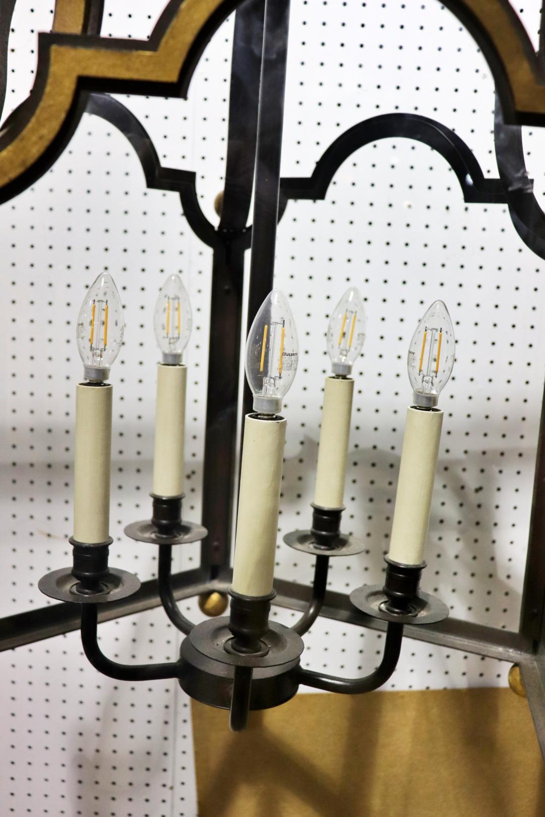 Gorgeous 5 light 5 panel Glazed Wrought Iron Lantern Chandelier