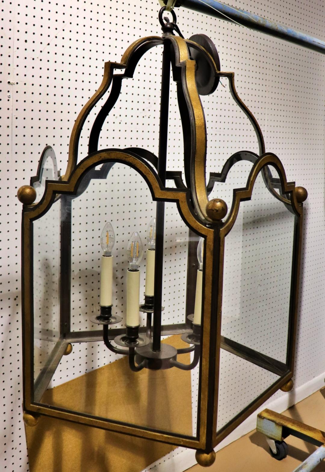 Gorgeous 5 light 5 panel Glazed Wrought Iron Lantern Chandelier