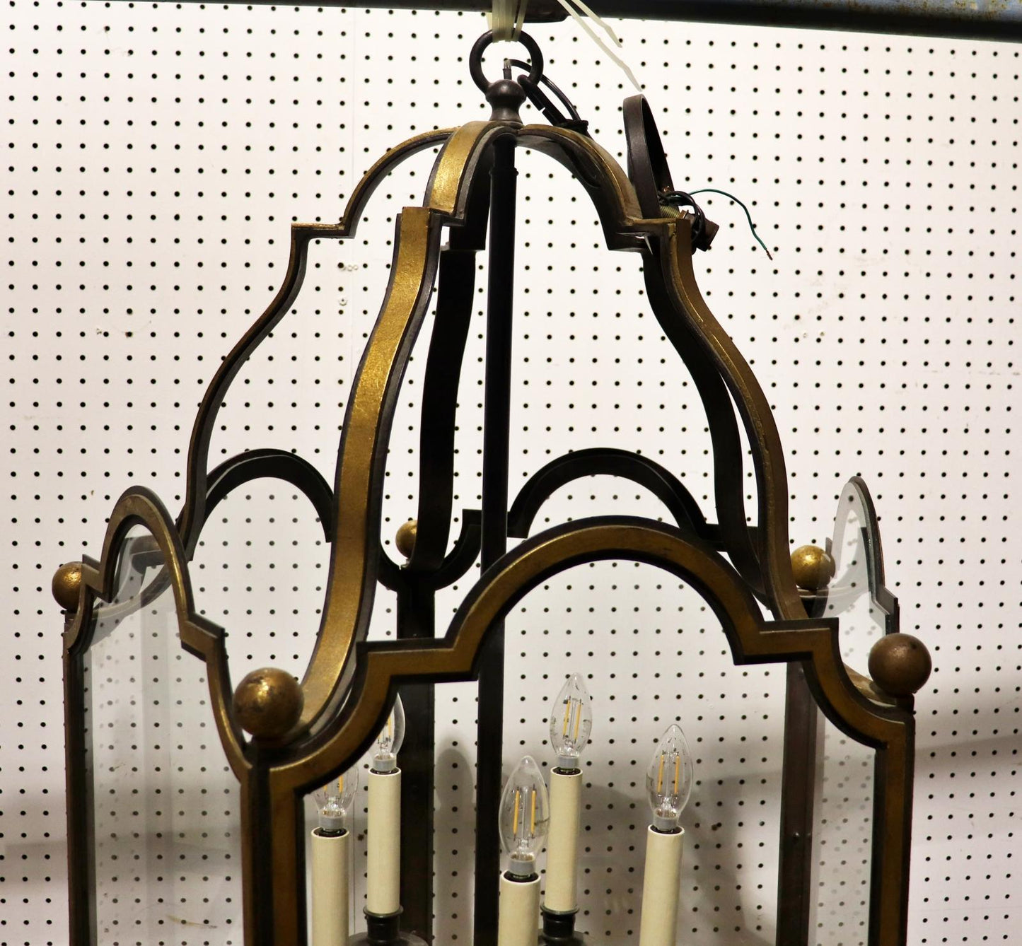 Gorgeous 5 light 5 panel Glazed Wrought Iron Lantern Chandelier