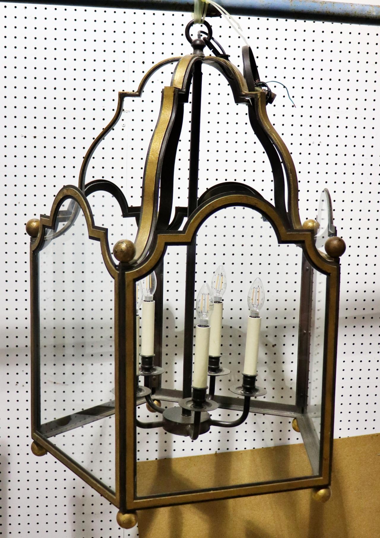 Gorgeous 5 light 5 panel Glazed Wrought Iron Lantern Chandelier