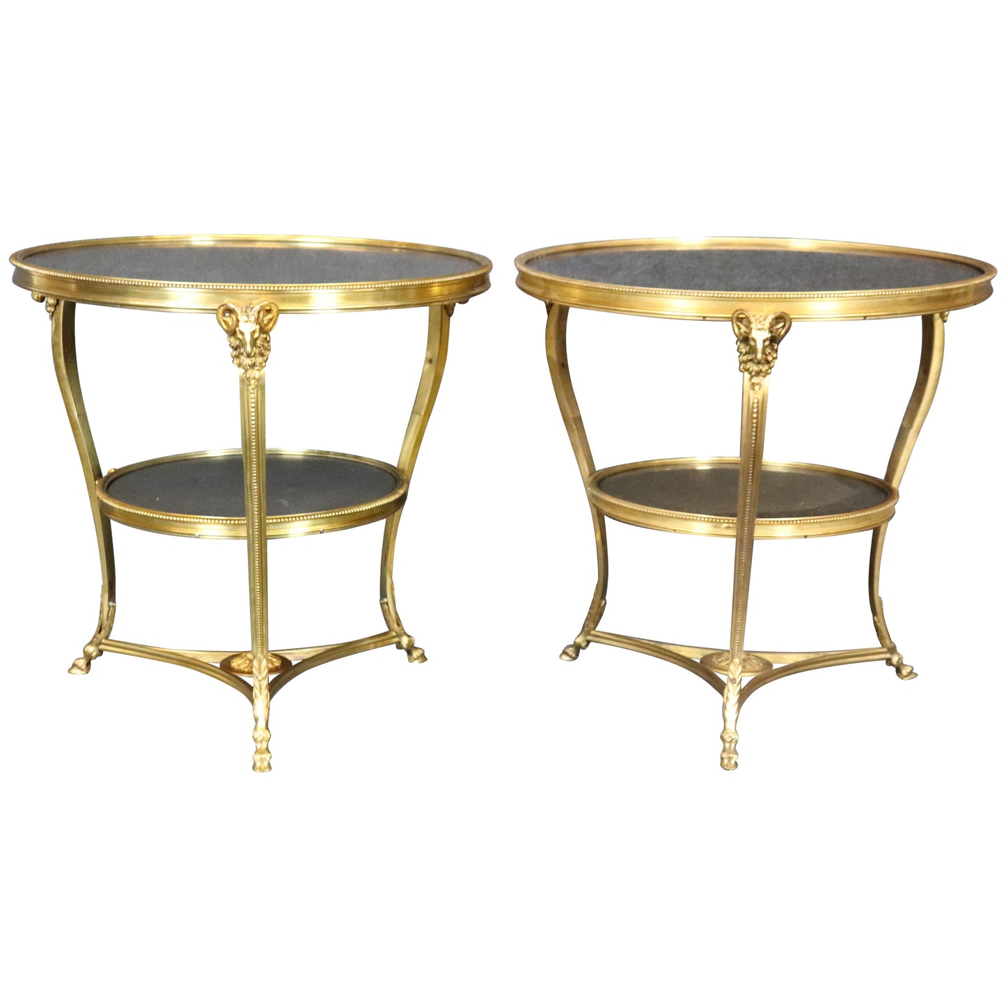 Pair Directoire Highly Naturalistic Rams Head Dore' Bronze Marble Top Gueridons