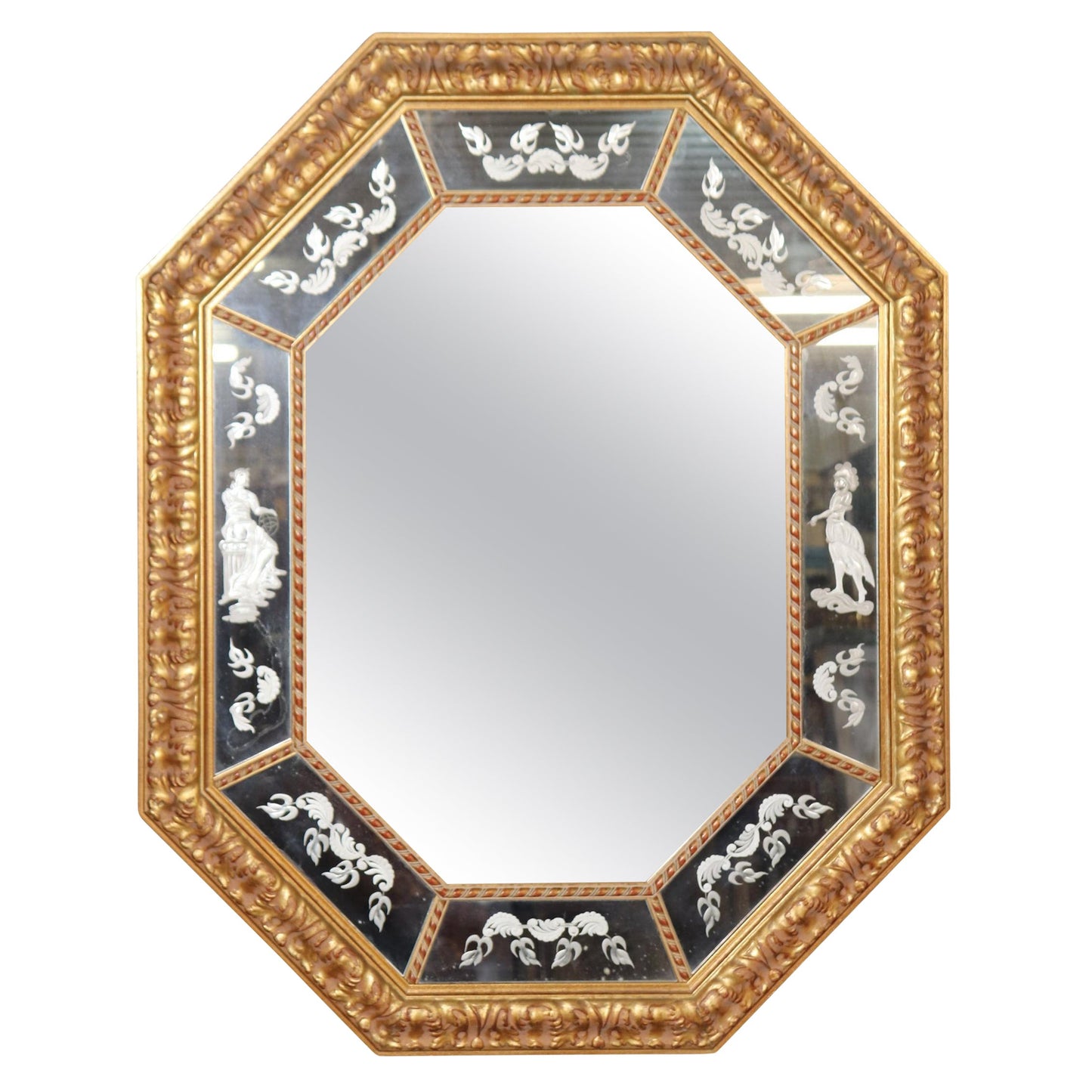 Superb Etched Figural Romanesque Style Italian Octagonal Carved Giltwood Mirror