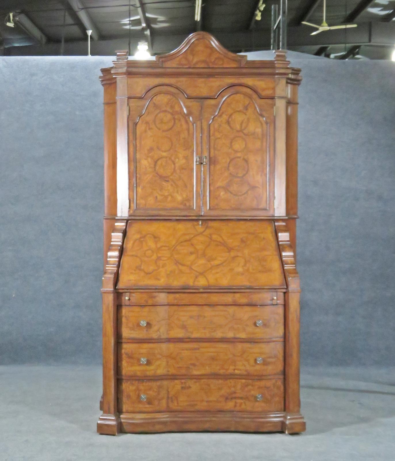 Fine Palermo Inlaid Burled Walnut Secretary Desk with Bookcase Top