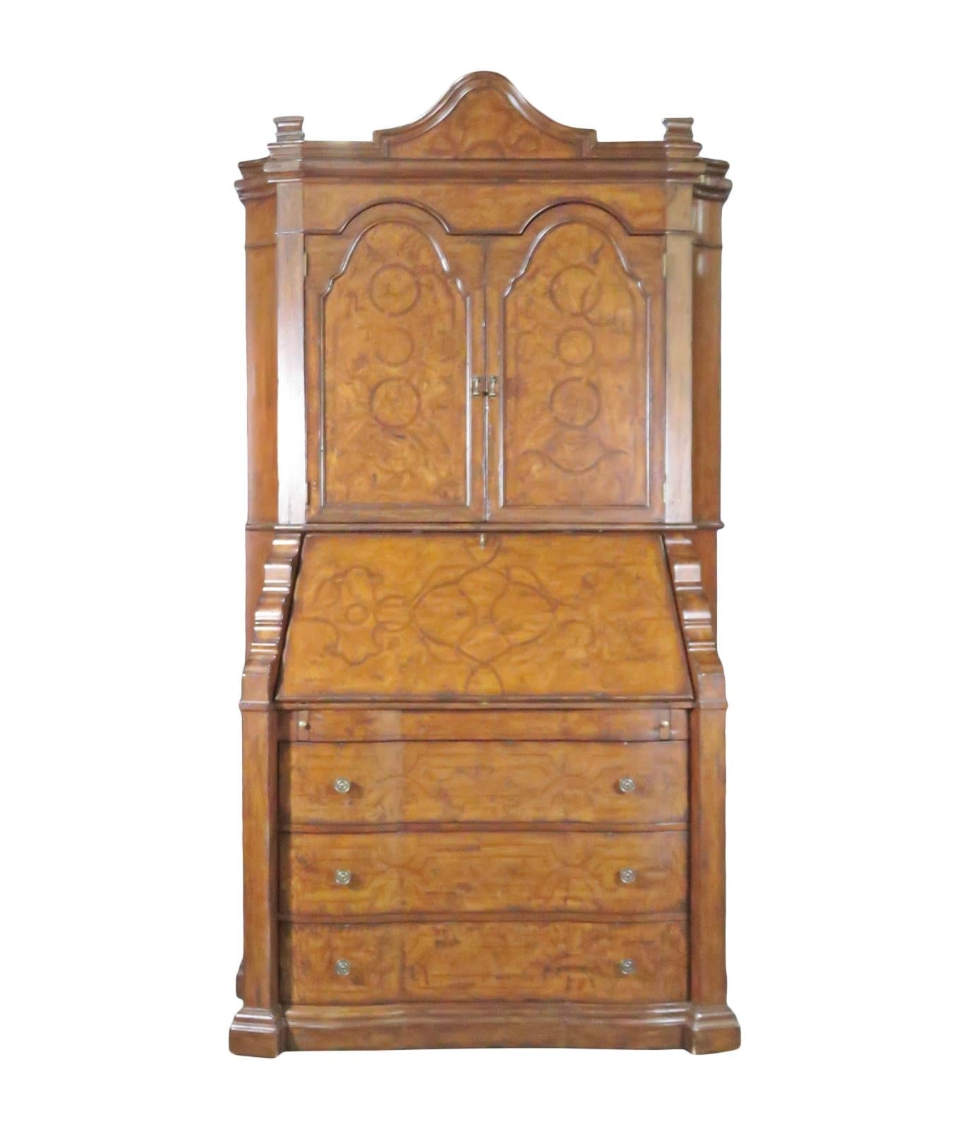 Fine Palermo Inlaid Burled Walnut Secretary Desk with Bookcase Top