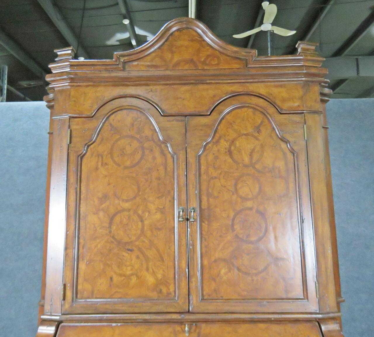 Fine Palermo Inlaid Burled Walnut Secretary Desk with Bookcase Top