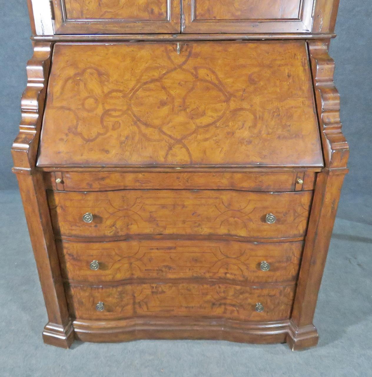 Fine Palermo Inlaid Burled Walnut Secretary Desk with Bookcase Top