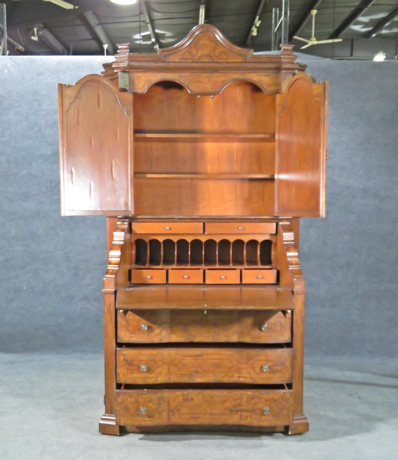 Fine Palermo Inlaid Burled Walnut Secretary Desk with Bookcase Top