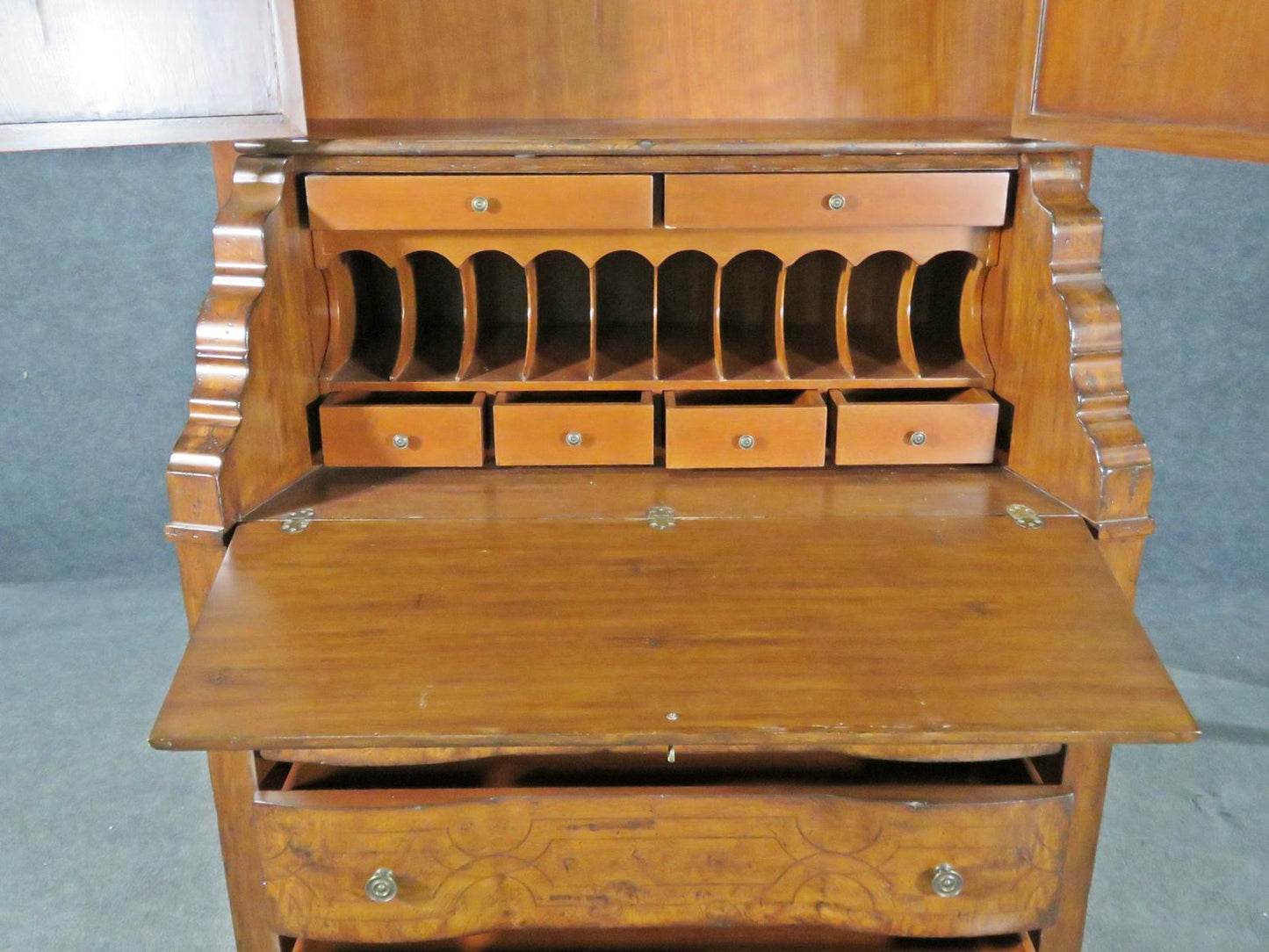 Fine Palermo Inlaid Burled Walnut Secretary Desk with Bookcase Top