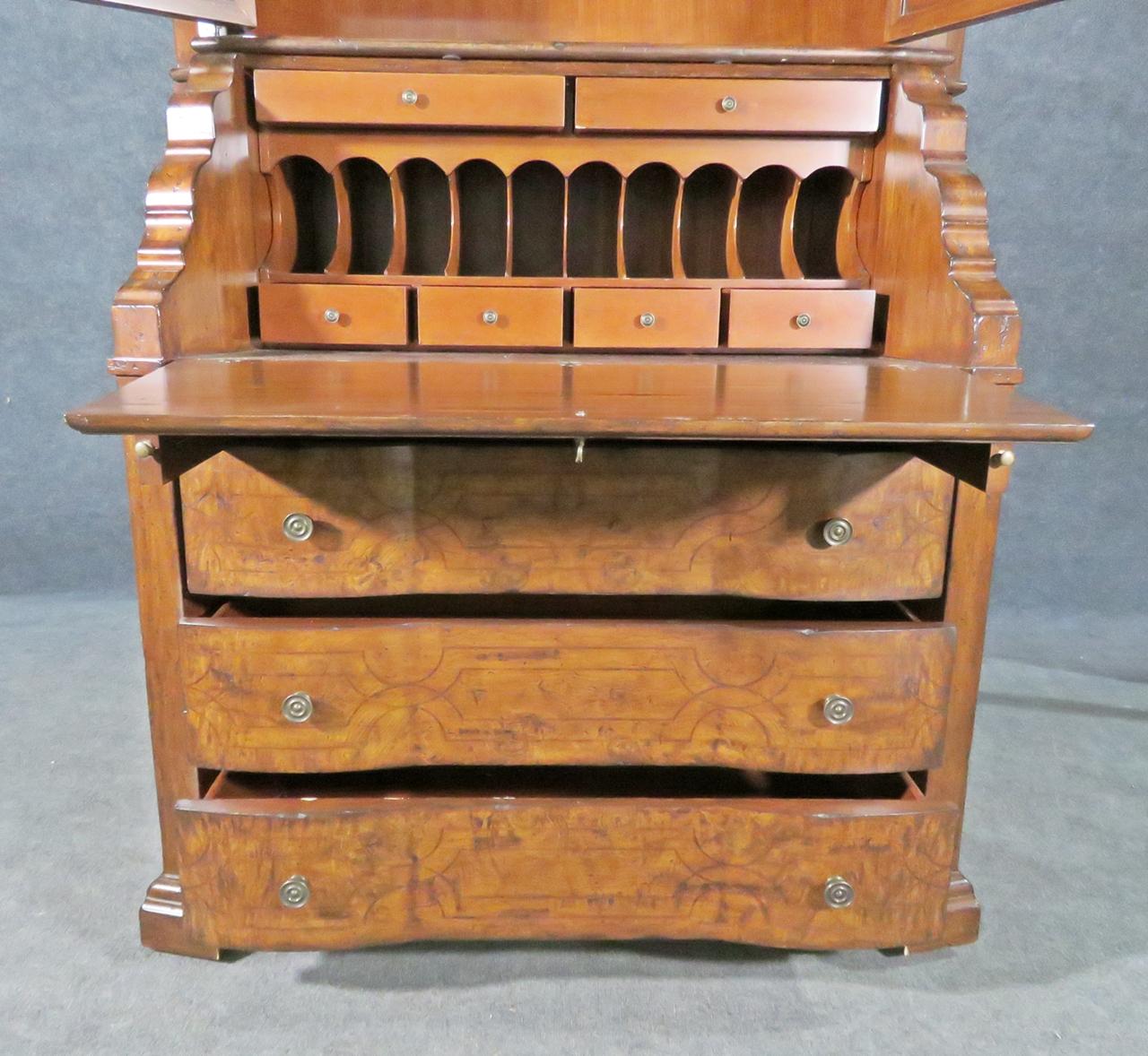 Fine Palermo Inlaid Burled Walnut Secretary Desk with Bookcase Top