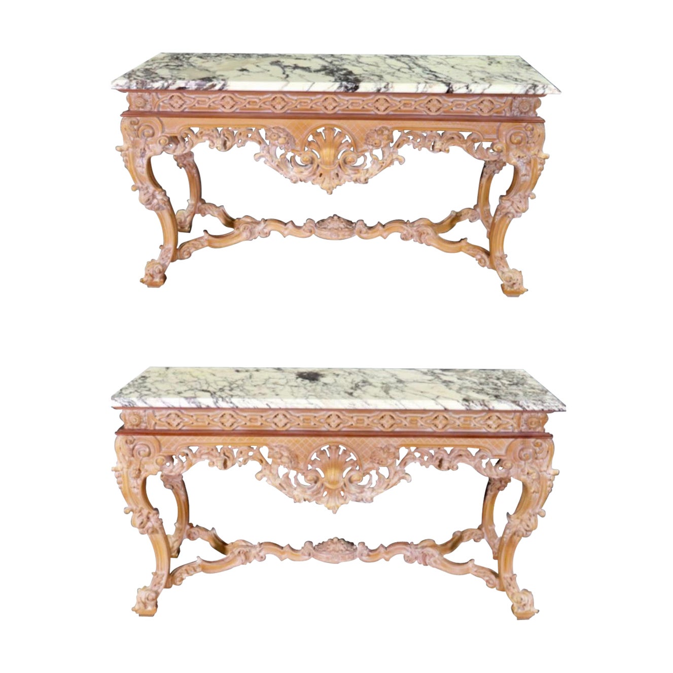 Rare Pair of French Carved Limed Beechwood Marble Top Louis XV Console Tables