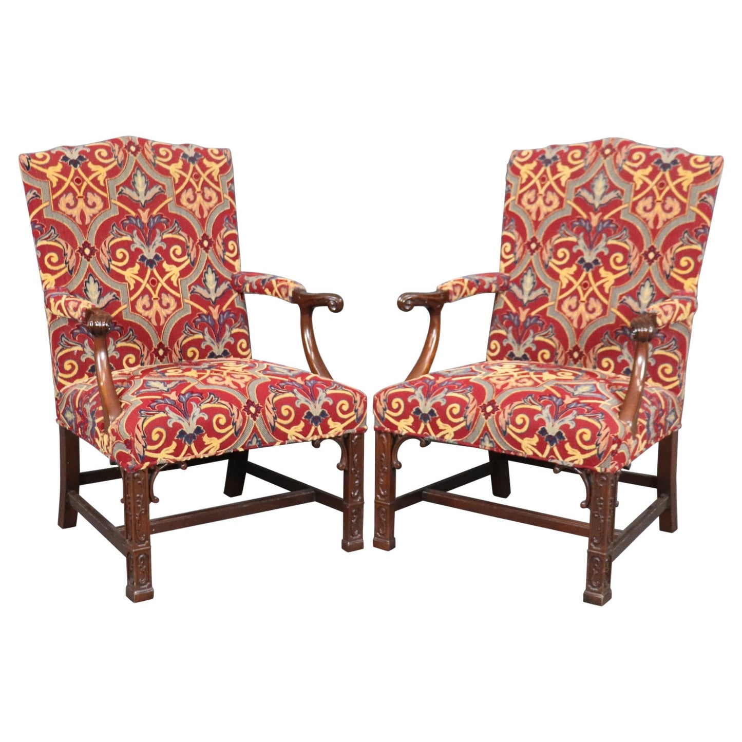 Pair of Solid Mahogany Blind Fretwork Chinese Chippendale Armchairs By Southwood