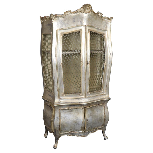 Silver Leaf Bombe Form Distressed Wire Mesh Door Vitrine China Cabinet