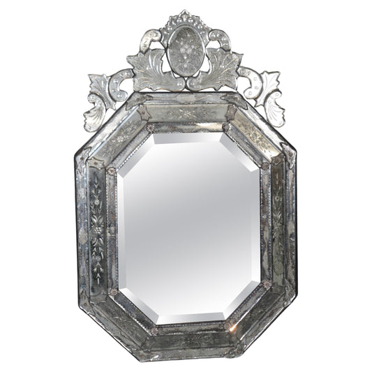 Incredible Antique Patinated Italian Venetian Etched Glass Multifaceted Mirror