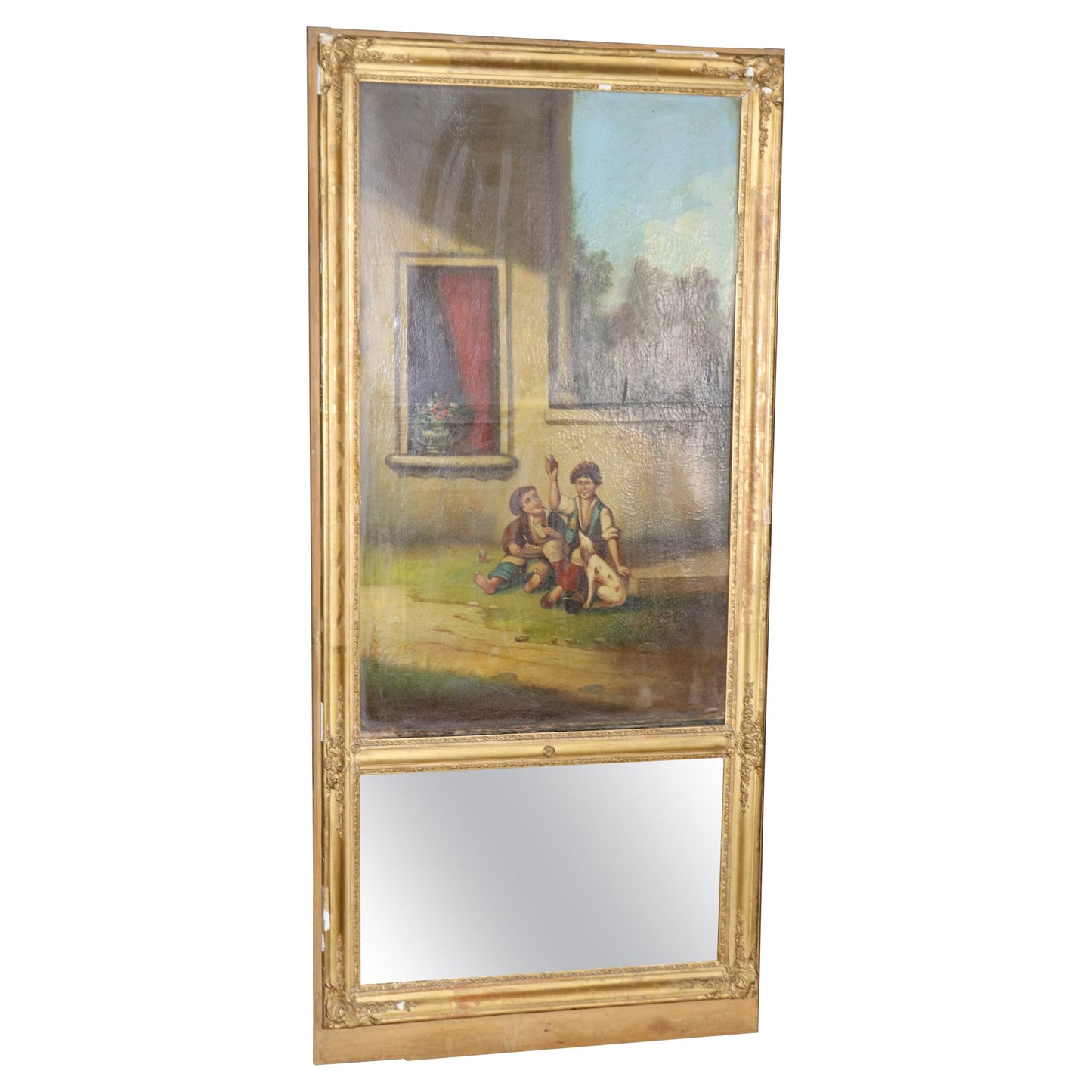 Fine Gilded Painted Trumeau Mirror with Two boys a Dog and their Sandwich