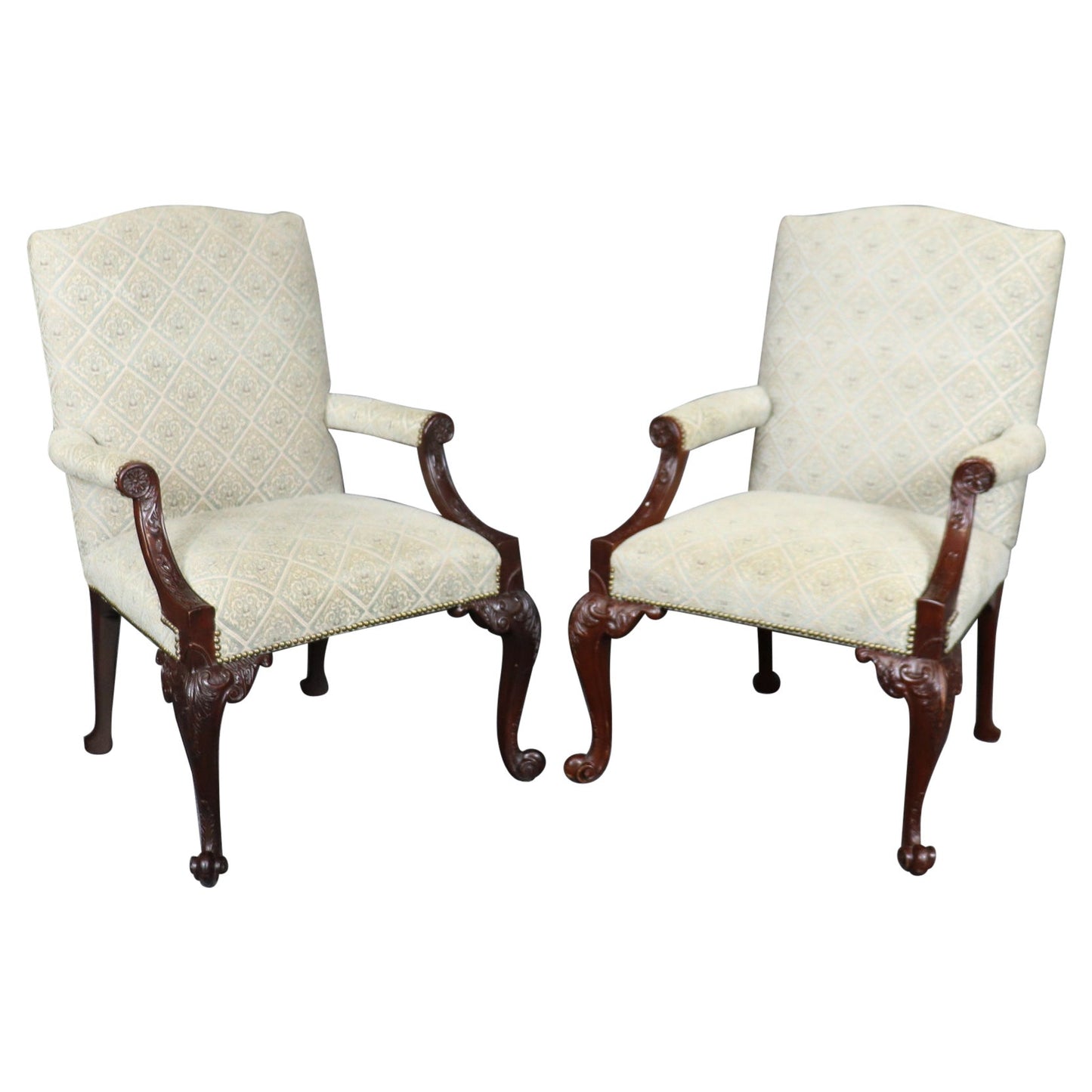 Rare Pair of Fine Carved English Mahogany Georgian Marlborough Armchairs