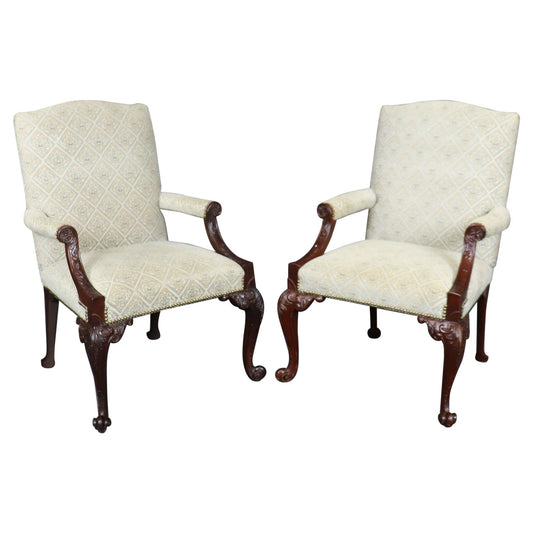 Rare Pair of Fine Carved English Mahogany Georgian Marlborough Armchairs