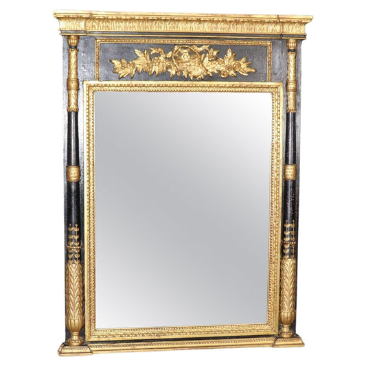 Black and Gold Large decorative Carved French Louis XVI Mirror